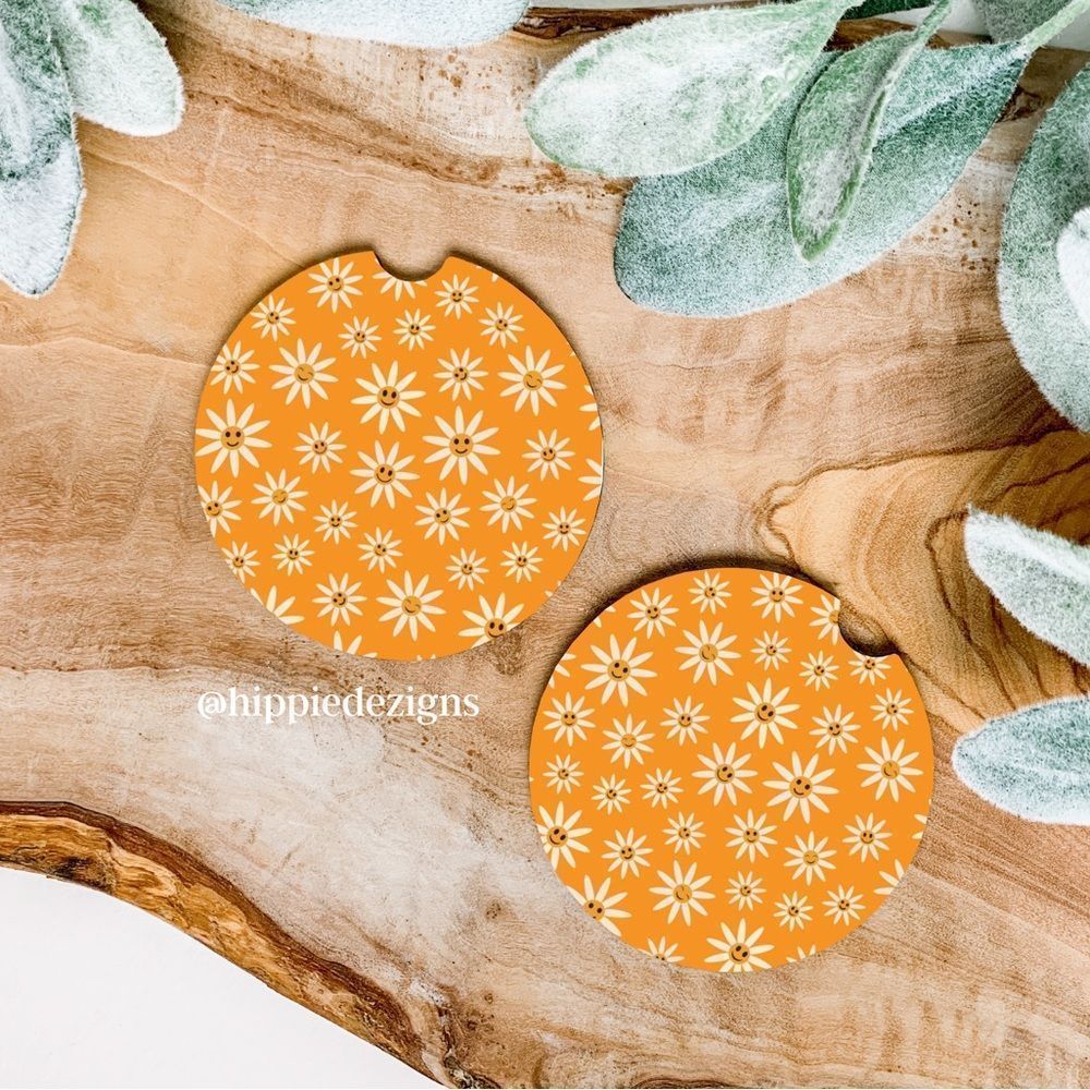 Retro Floral Smiley Car Coaster Set | Retro Coaster Set